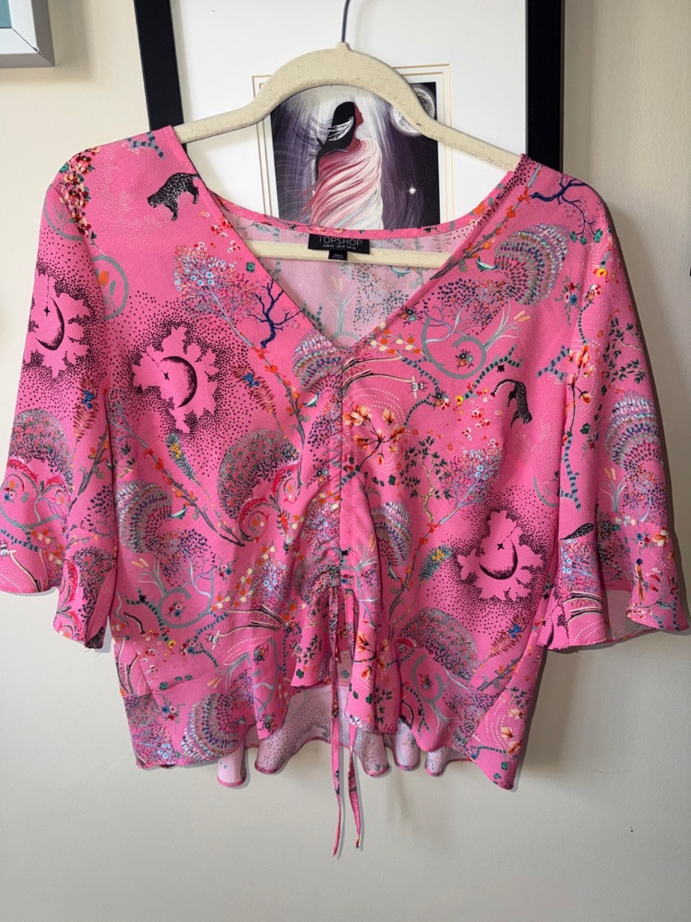 Topshop Bright Pink Floral Paisley Drawstring V-Neck Blouse
